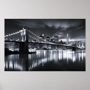 New York Skyline Brooklyn Bridge Monochrome Night Poster
