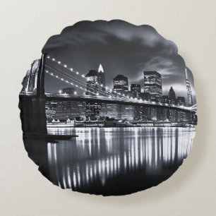 New York Skyline Brooklyn Bridge Monochrome Night Round Pillow