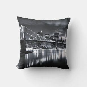 New York Skyline Brooklyn Bridge Monochrome Night Throw Pillow