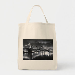 New York Skyline Brooklyn Bridge Monochrome Night Tote Bag