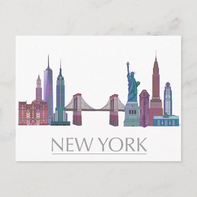 New York Skyline Coloured Buildings Postcard (Front)