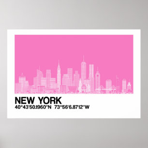 New York Skyline + Coordinates in Pink Poster