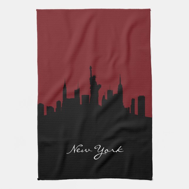 New York Skyline | Dark Red Kitchen Towel (Vertical)