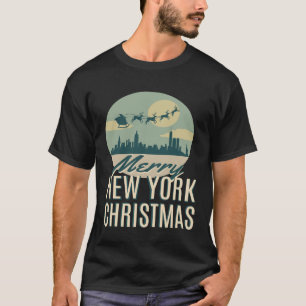 New York Skyline Merry Christmas Retro Santa Silho T-Shirt