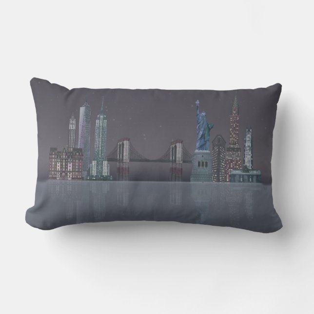 New York Skyline Night Reflections Lumbar Pillow (Front)