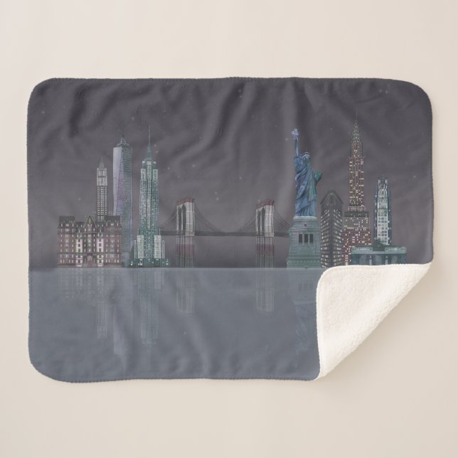 New York Skyline Night Reflections Sherpa Blanket (Front (Horizontal))