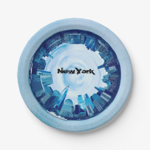 new york skyline of skyscrapers in round  paper plate