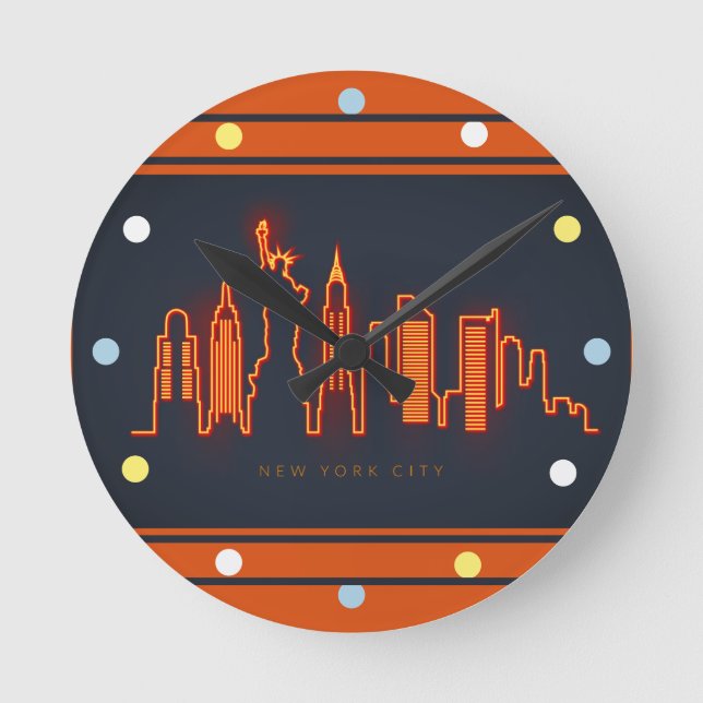 New York Skyline Orange Neon Look Cityscape  Wall Round Clock (Front)