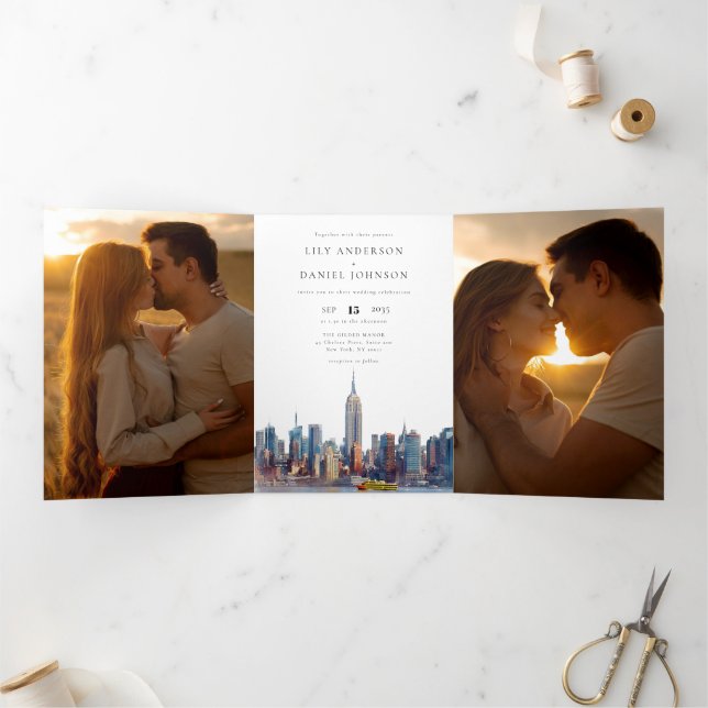 New York Skyline QR Code 3 Photo Wedding Tri-Fold Invitation (Inside)