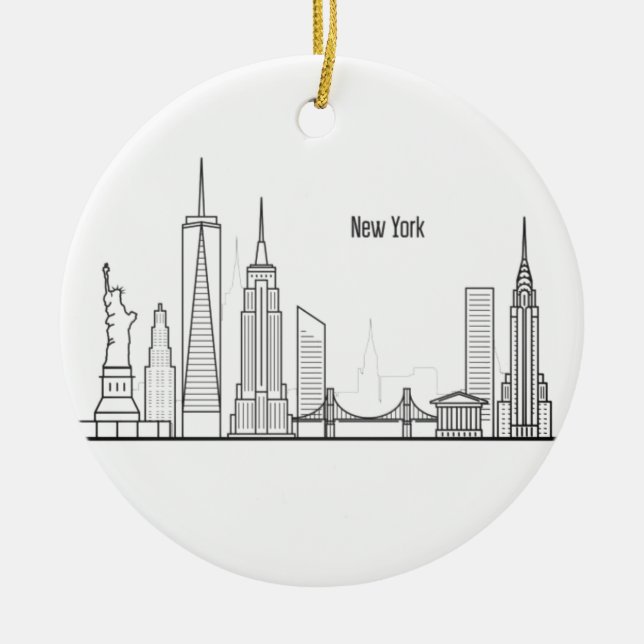 New York Skyline Silhouette Black Elegant Script C Ceramic Ornament (Front)