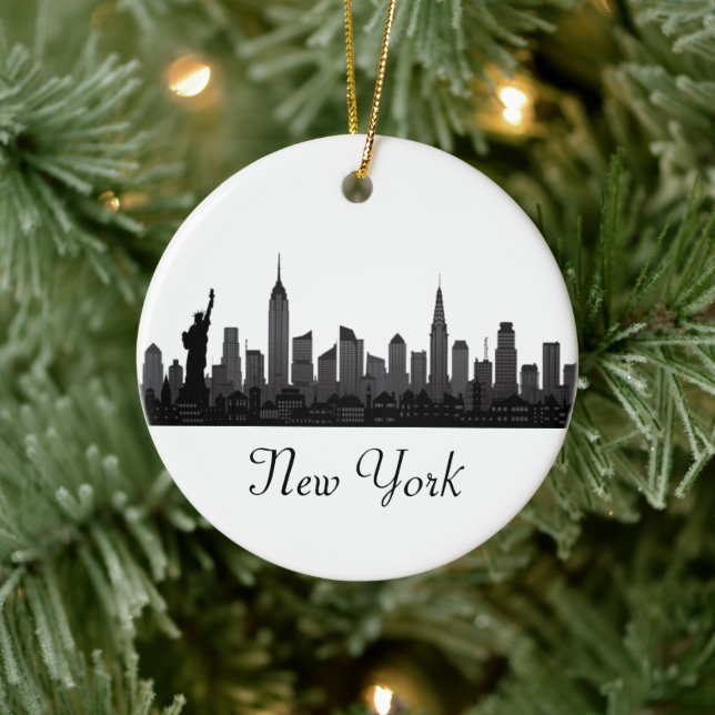 New York Skyline Silhouette Black Elegant Script C Ceramic Ornament (Tree)