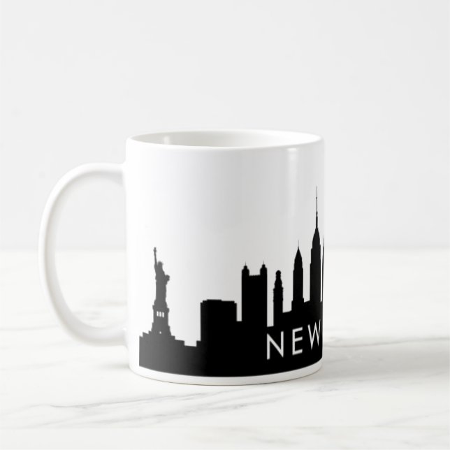 New York Skyline Silhouette Black Elegant Script C Coffee Mug (Left)