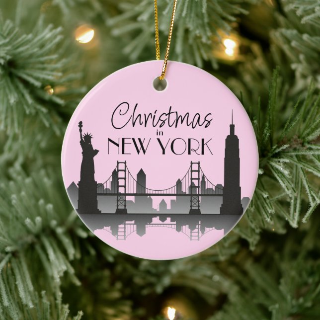 NEW YORK Skyline Silhouette Modern Pink Ceramic Ornament (Tree)