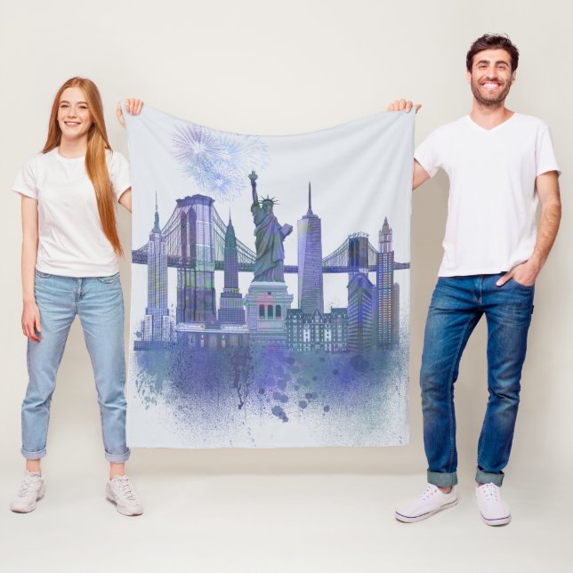 New York Skyline - Watercolor Blue Fleece Blanket (In Situ)