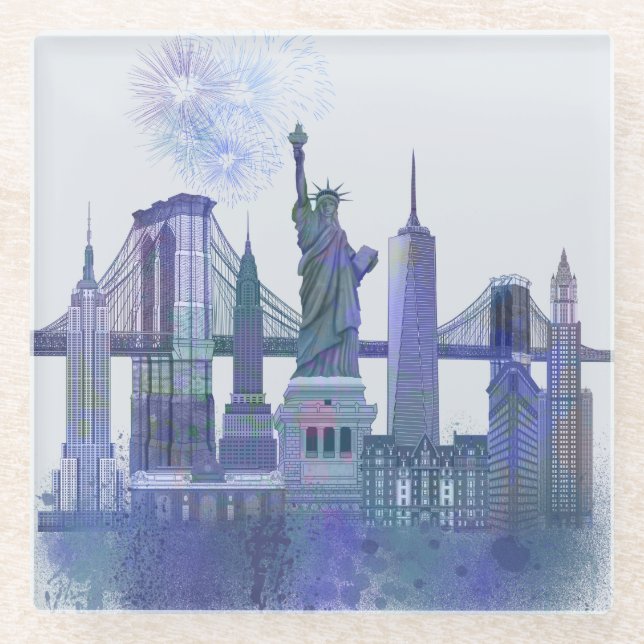 New York Skyline - Watercolor Blue Glass Coaster (Front)