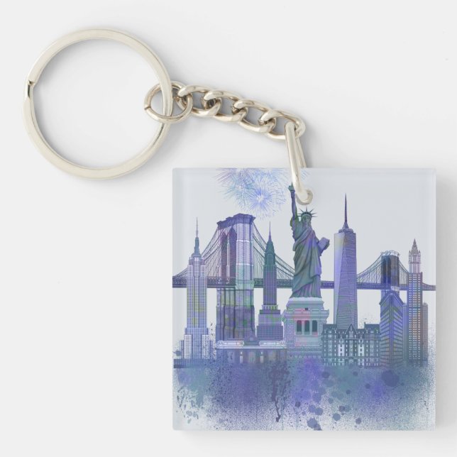 New York Skyline - Watercolor Blue Keychain (Front)