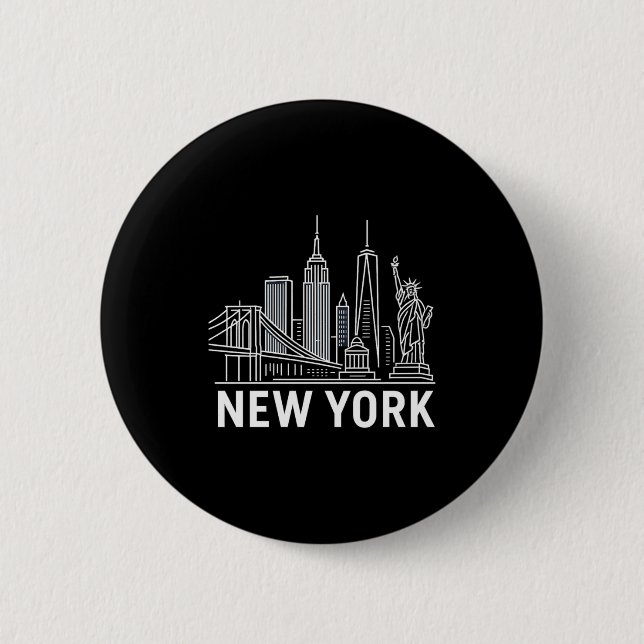 New York Skyline With Statue Of Liberty White Line 2 Inch Round Button (Front)