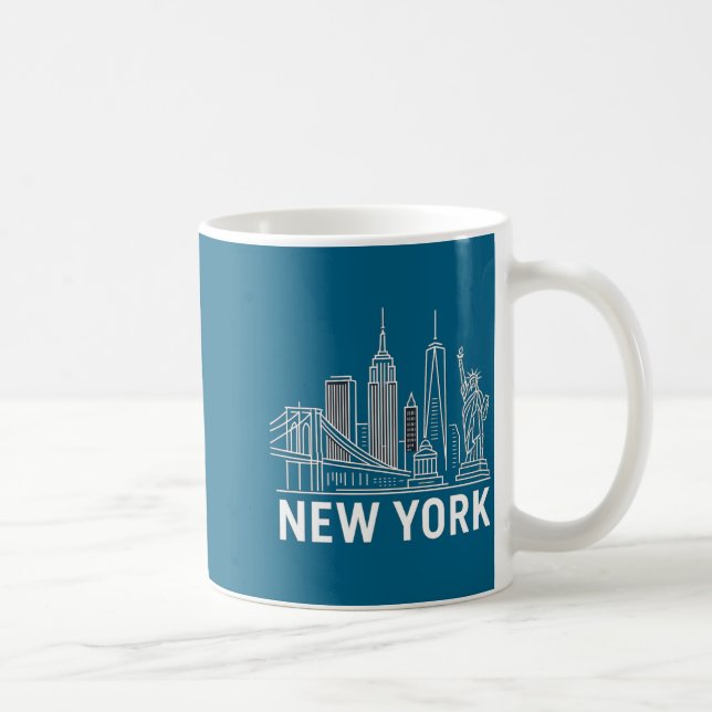 New York Skyline With Statue Of Liberty White Line Coffee Mug (Right)