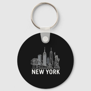 New York Skyline With Statue Of Liberty White Line Keychain