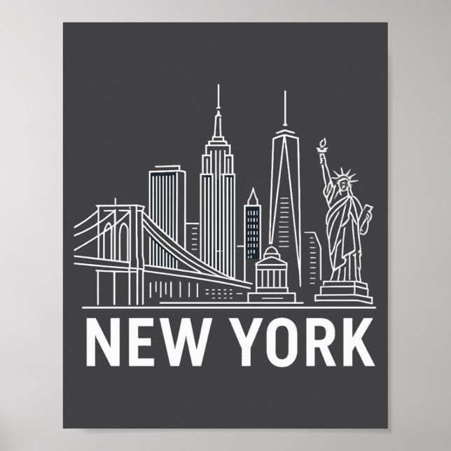 New York Skyline With Statue Of Liberty White Line Poster (Front)