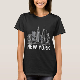 New York Skyline With Statue Of Liberty White Line T-Shirt