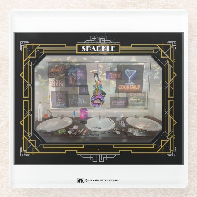 NEW YORK SPARKLE PICTURE 13 FRAME 6 WHITE GLASS COASTER (Front)