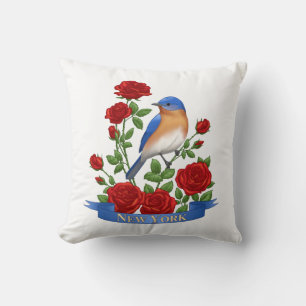 New York State Bird & Flower - Bluebird & Red Rose Throw Pillow