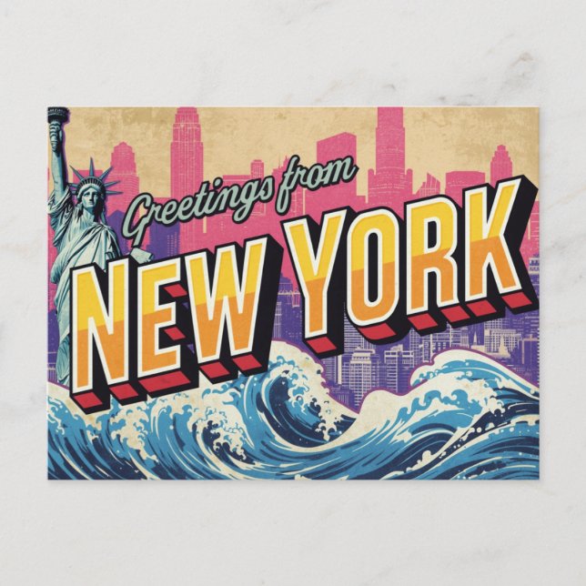 New York Statue Wave Skyline Postcard (Front)