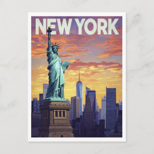 New York Travel Poster: Statue of Liberty Sunset Postcard