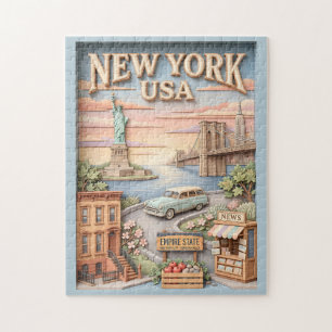 New York Travel Skyline Liberty Textured Landmarks Jigsaw Puzzle