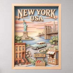 New York Travel Skyline Liberty Textured Landmarks Poster
