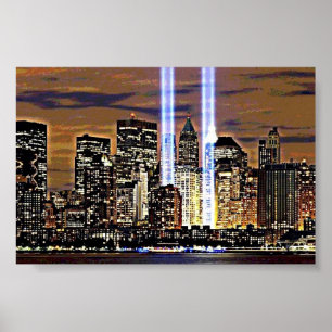 New York Twin Tower Light Beams Poster