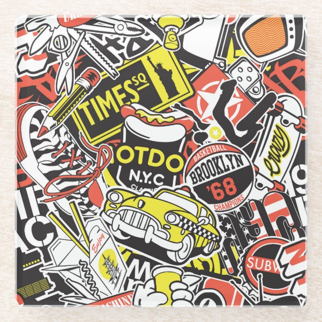 New York urban: sticker patchwork. Glass Coaster (Front)
