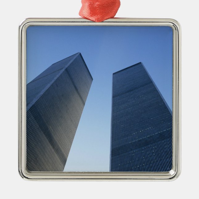 New York, USA. View up at twin towers of the Metal Ornament (Front)