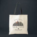 New York Wedding | Stylized Skyline Tote Bag<br><div class="desc">A unique wedding tote bag for a wedding taking place in the city of New York. This tote features a stylized illustration of the city's unique skyline with its name underneath. This is followed by your wedding day information in a matching open lined style.</div>