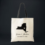 New York Wedding Welcome Tote Bag<br><div class="desc">Welcome out of town wedding guests with a bag full of snacks and treats personalized with the state where you're getting married and the bride and groom's names and wedding date. Click Customize It to move the heart to show any city or location on the state map. Use the design...</div>