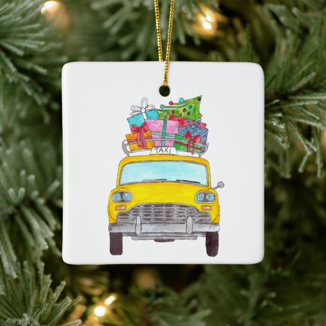 New York Yellow Cab Taxi Christmas Gifts Ceramic Ornament (Tree)