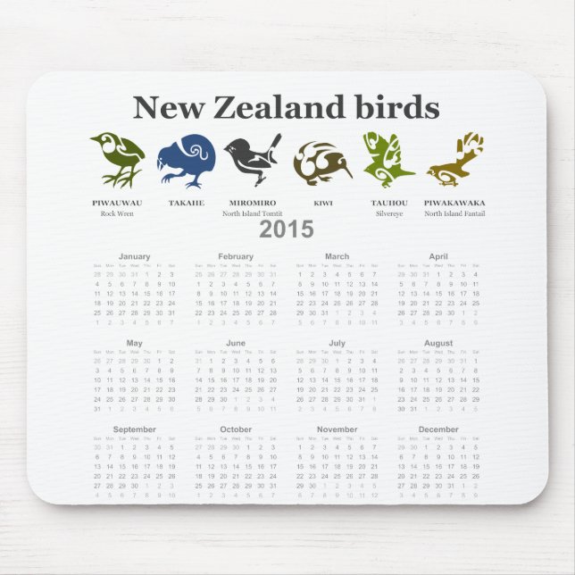 New Zealand birds calendar 2015 Mouse Pad (Front)