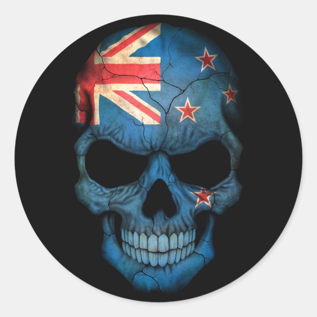 New Zealand Flag Skull on Black Classic Round Sticker (Front)