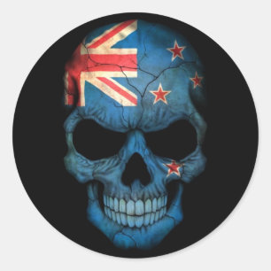New Zealand Flag Skull on Black Classic Round Sticker
