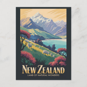 New Zealand Landscape Illustration Travel Art Vint Postcard