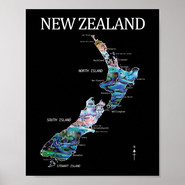 NEW ZEALAND MAP DETAILED PAUA POSTER (Front)