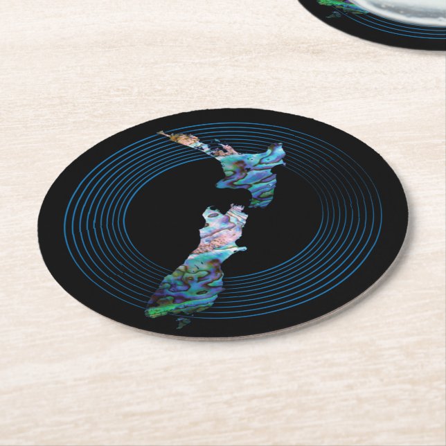 NEW ZEALAND MAP PAUA RINGS ROUND PAPER COASTER (Angled)