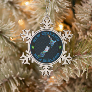 NEW ZEALAND MAP SIMPLE PAUA SNOWFLAKE PEWTER CHRISTMAS ORNAMENT