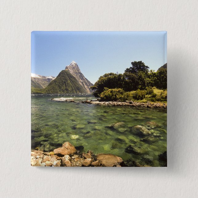 New Zealand, Mitre Peak, & Bowen River entering 2 Inch Square Button (Front)