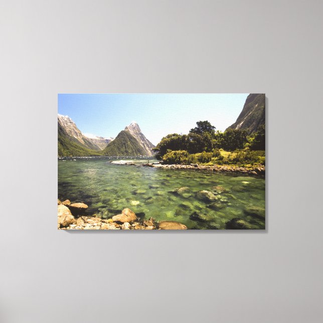 New Zealand, Mitre Peak, & Bowen River entering Canvas Print (Front)