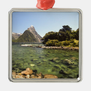 New Zealand, Mitre Peak, & Bowen River entering Metal Ornament