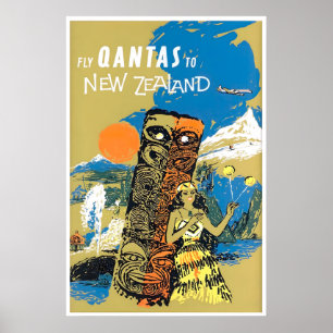 New Zealand Travel Poster Art Qantas Print Retro