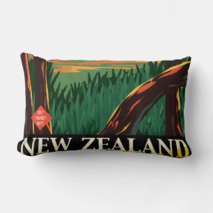 New Zealand Vintage Travel Poster Lumbar Pillow