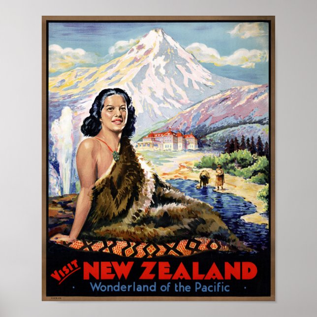 New Zealand Vintage Travel Poster Restored (Front)